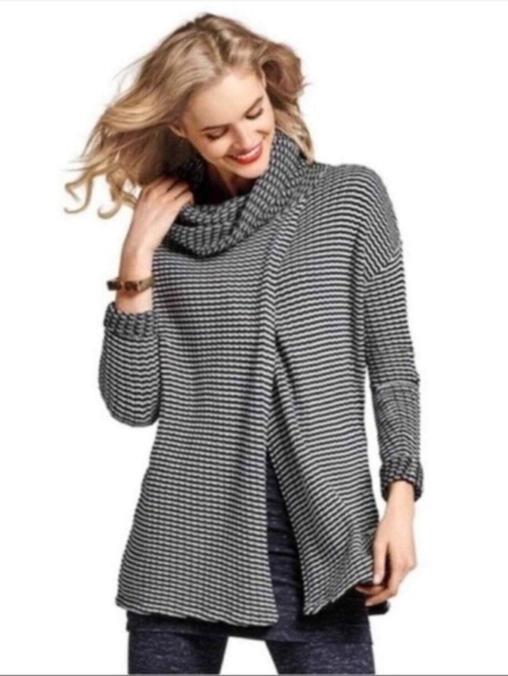 CAbi Fergie black white striped split-front and back cowl turtleneck sweater LG